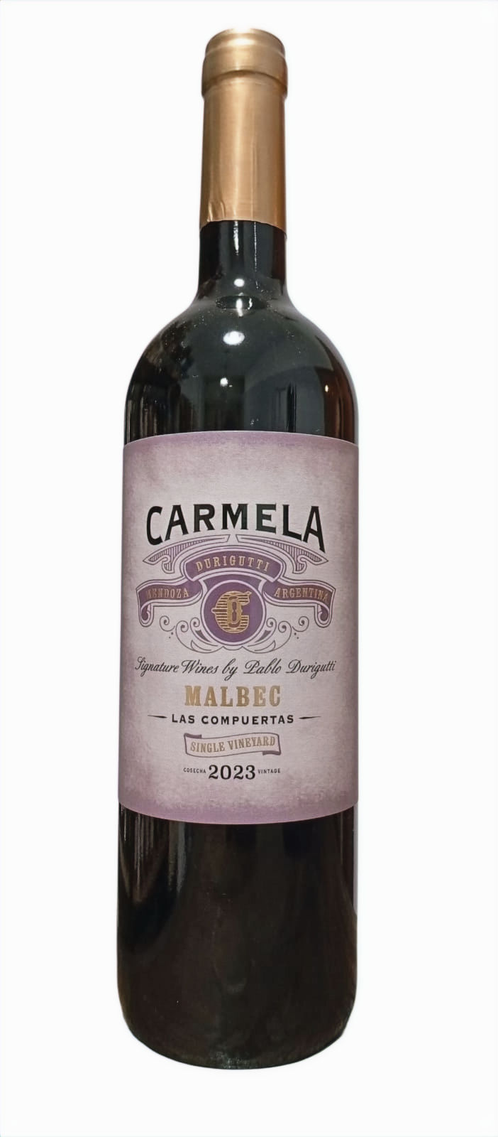 Botella de vino tinto Carmela Durigutti Malbec