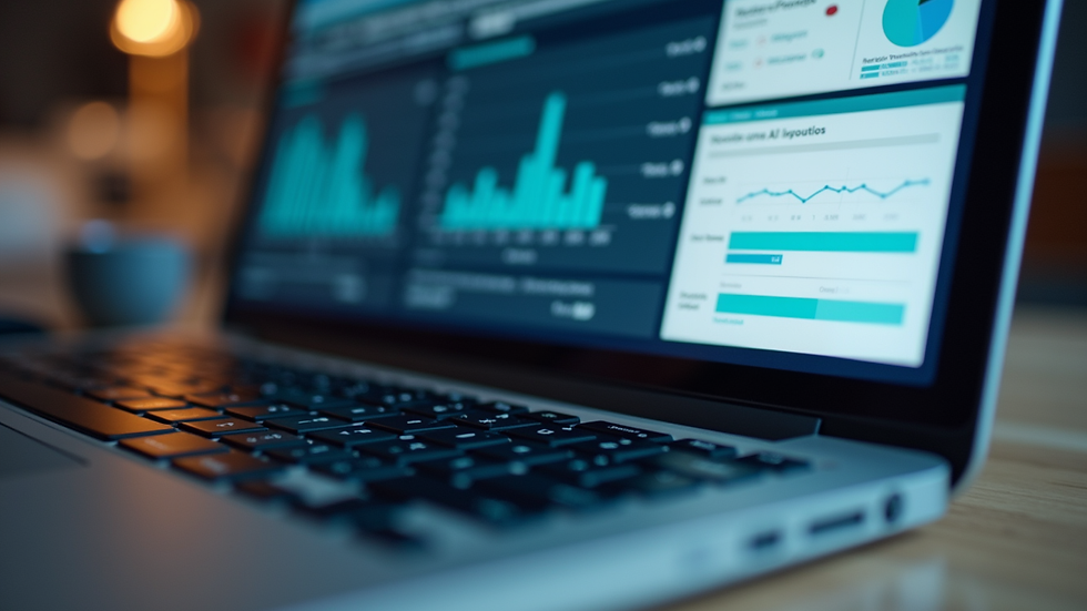 Close-up view of a laptop screen showing AI automation dashboard with workflow charts