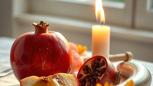 A dreamy, realistic still life of a Rosh Hashanah holiday table. A sliced red apple with d
