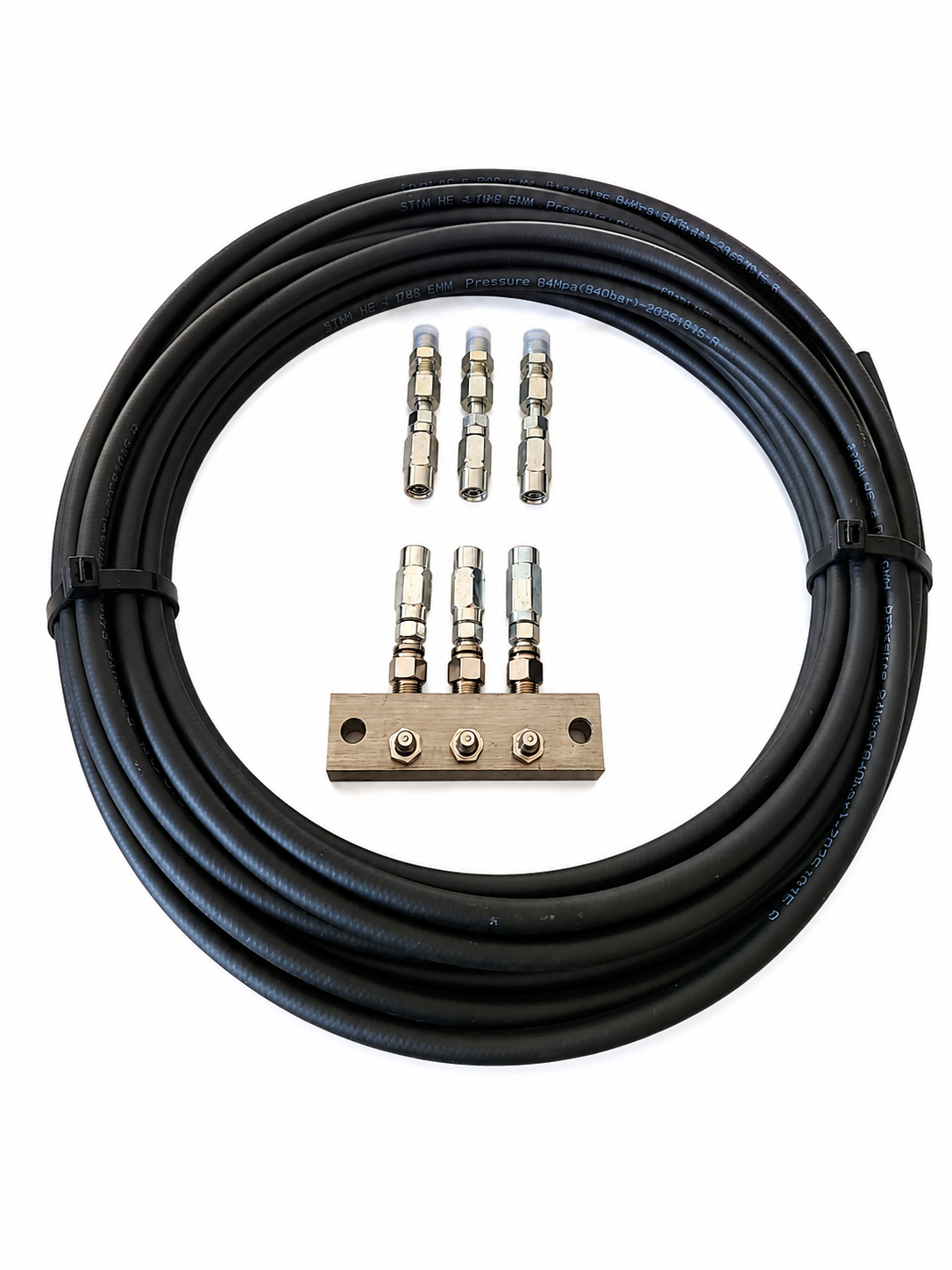 3 outlet kit c/w anchor block with grease nipples 12M x 8.6mm high pressure hose