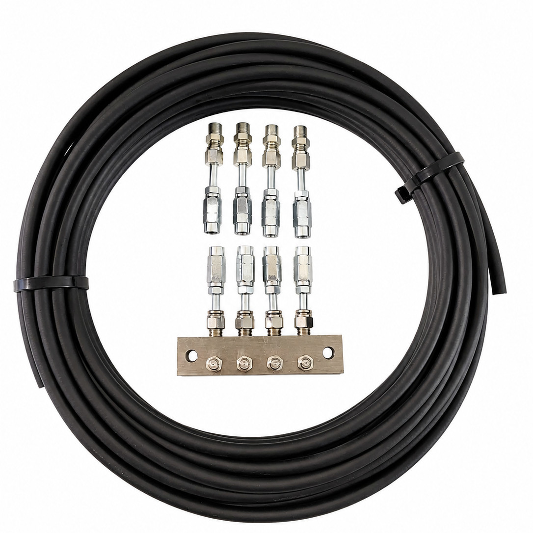 4 outlet kit c/w anchor block with grease nipples 16m x 8.6mm high pressure hose