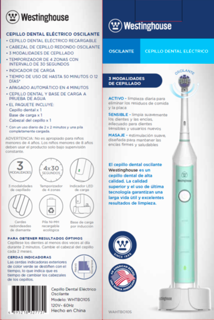 Miniatura: WESTINGHOUSE CEPILLO DIENTES ELÉCTRICO VERDE RECARGABLE PREMIUM WHTBO105