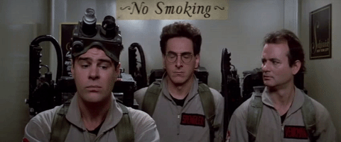 Dan Aykroyd Harold Ramis and Bill Murray in Ghostbusters movie GIF
