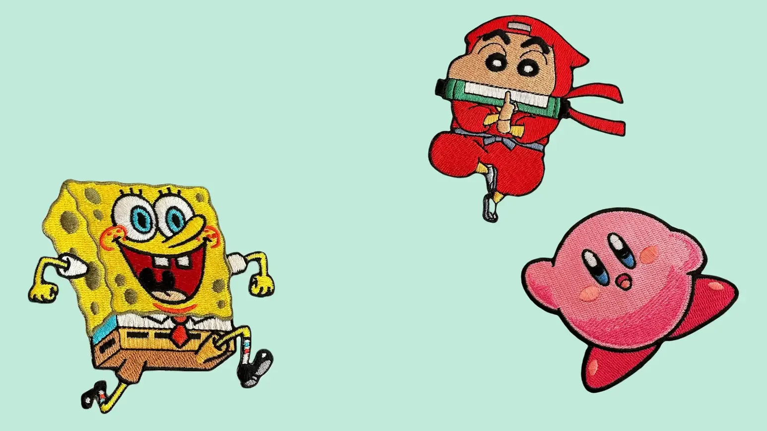 Funny patch, spongebob patch and crayon shin-chan patch and kirby patch.
