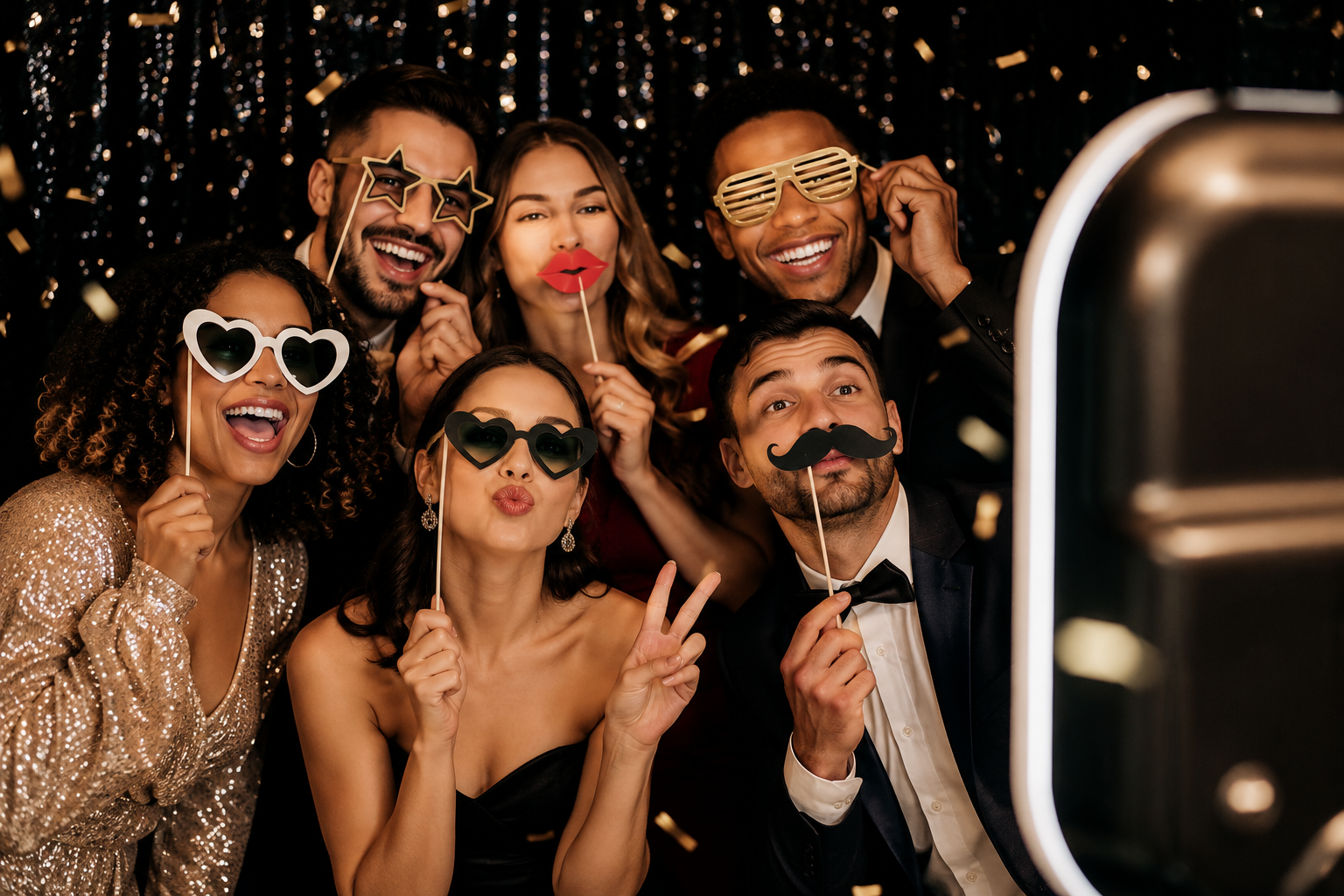 Friends taking a picture at the photo booth with props