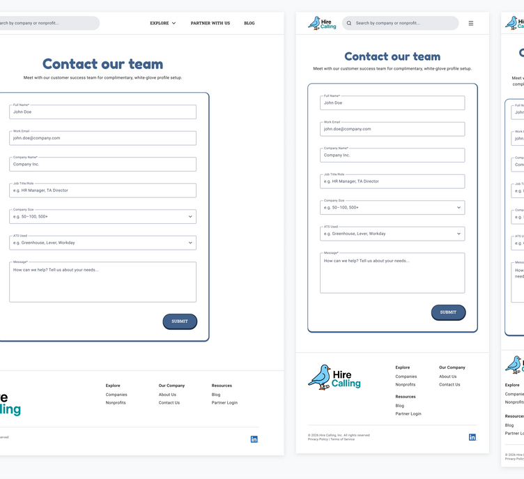 Desktop, tablet, and mobile wireframes of Public-Facing Contact Page