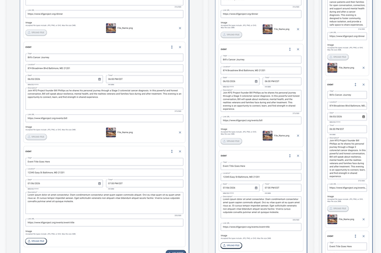 Desktop, tablet, and mobile views of the admin CMS Nonprofit's Events Tab