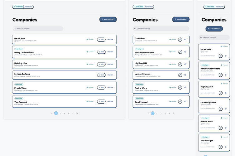 Desktop, tablet, and mobile views of the admin CMS Companies landing page