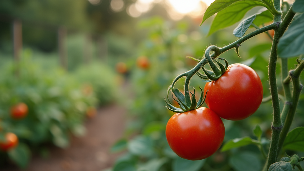 Close-up view of a home vegetable garden with red ripe tomatoes