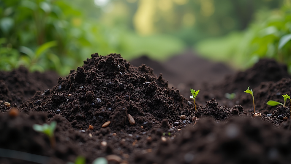Eye-level view of a compost pile with rich, dark organic matter