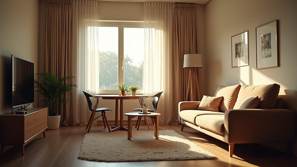 Eye-level view of a cozy living room with a small dining table and window light