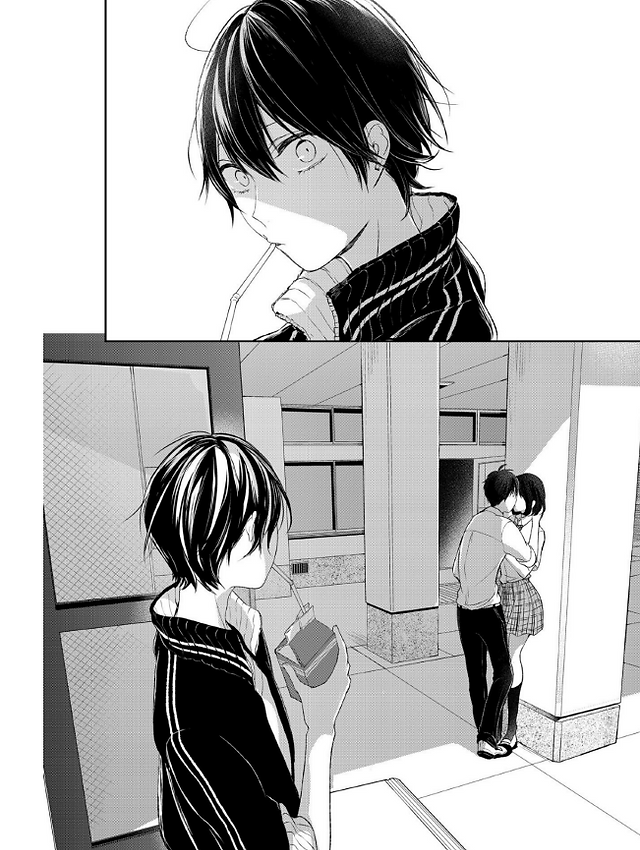 Love and Lies v. 1 page shows Nisaka catching Misaki and Neji kissing behind a pillar. Nisaka looks surprised. 
