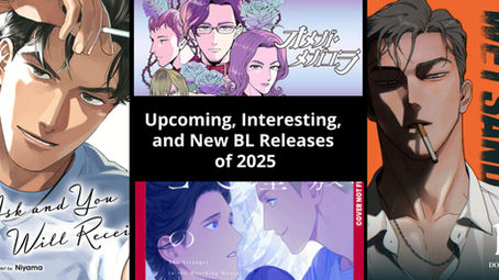 Upcoming, Interesting, and New BL Releases of 2025 graphic has comics artfully arranged around text on a white background