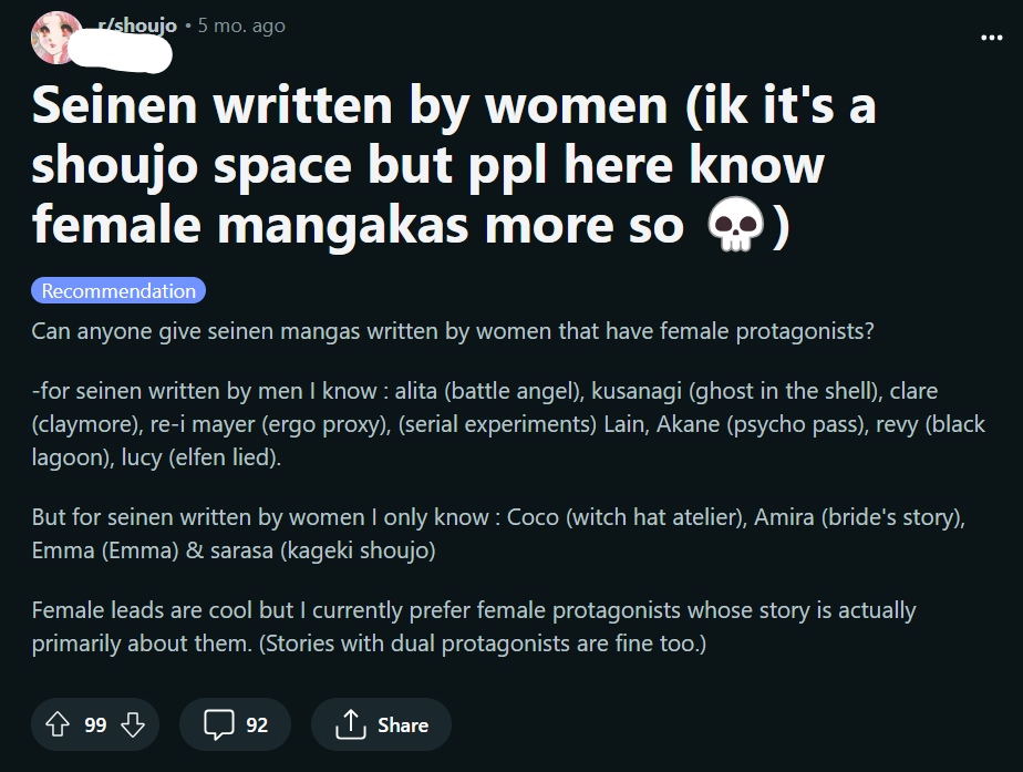Reddit post in r/shoujo; title: Seinen written by women (ik it's a shoujo space but ppl here know female mangakas more so [skull emoji])
