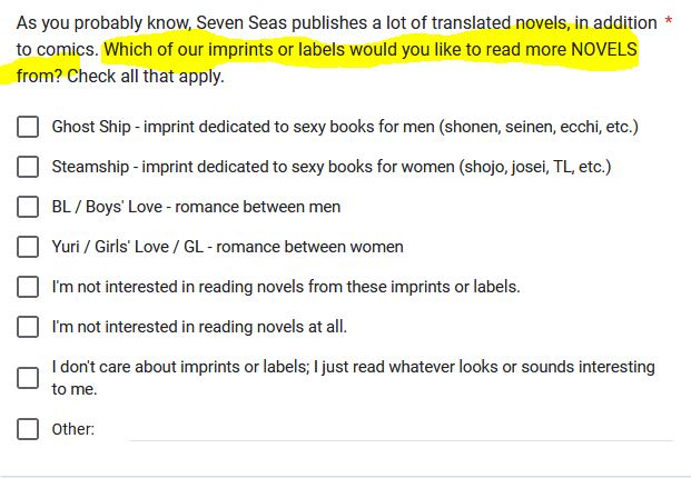 Seven Seas survey mentions Steamship is for women and it's shoujo/josei/TL