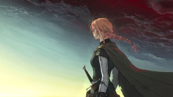 Scarlet (2025) film still shows Scarlet dressed in medieval knight clothing staring off into the distance with a determined look on her face.