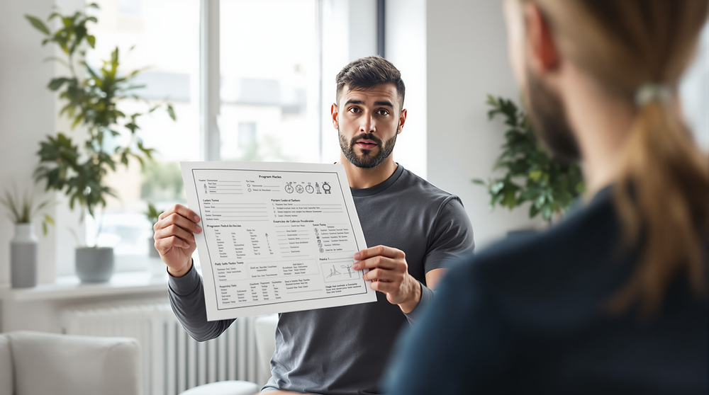 Coach à domicile montrant une feuille d’exercices