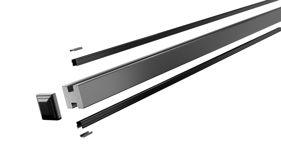 Modern modular fence posts shown with composite, steel, and aluminum slat infill options in one system