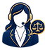 Asesora legal con auriculares y símbolo de justicia que representa atención personalizada.