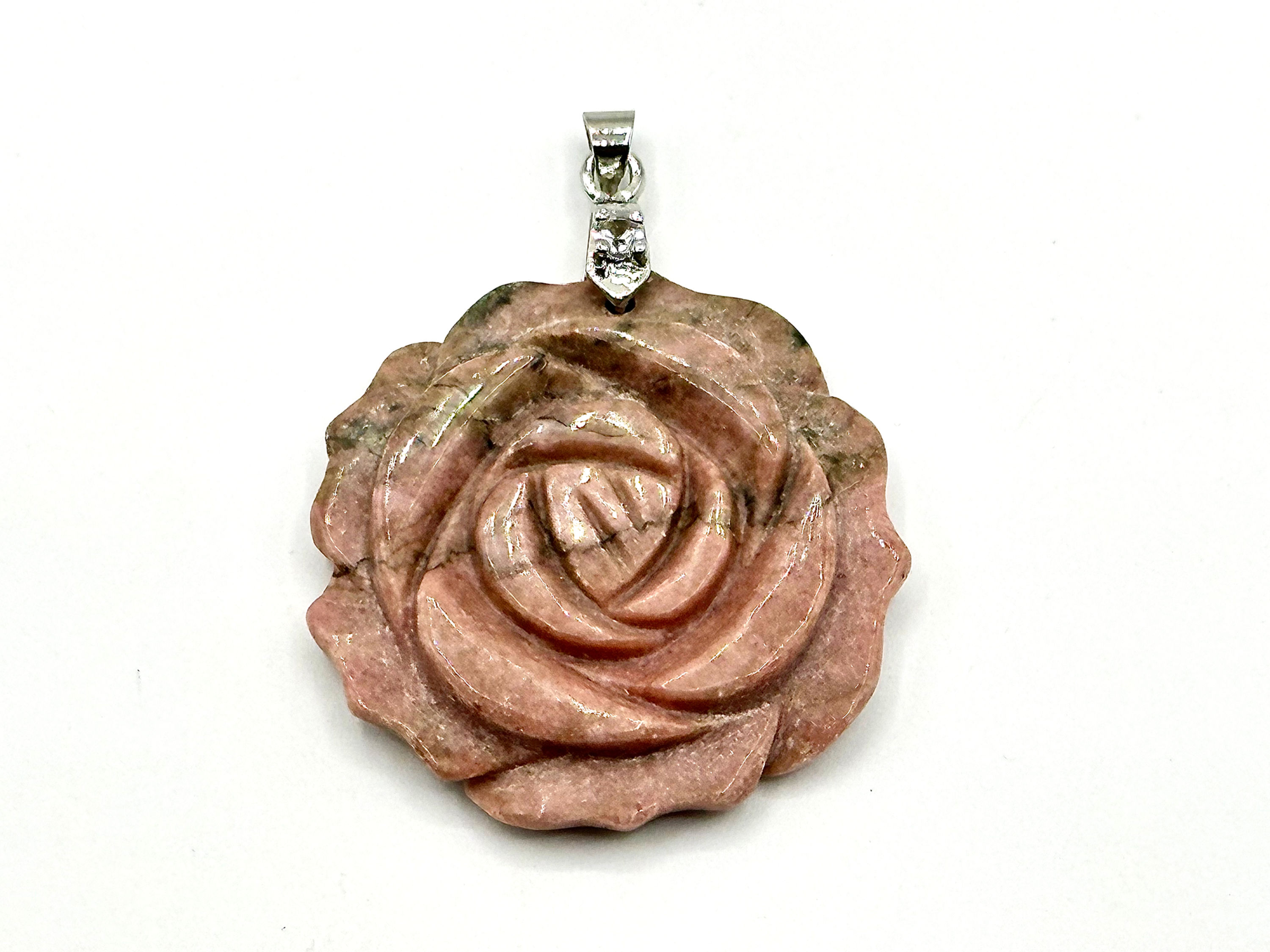 Carved Gemstone Flower Pendant~ Rhodonite