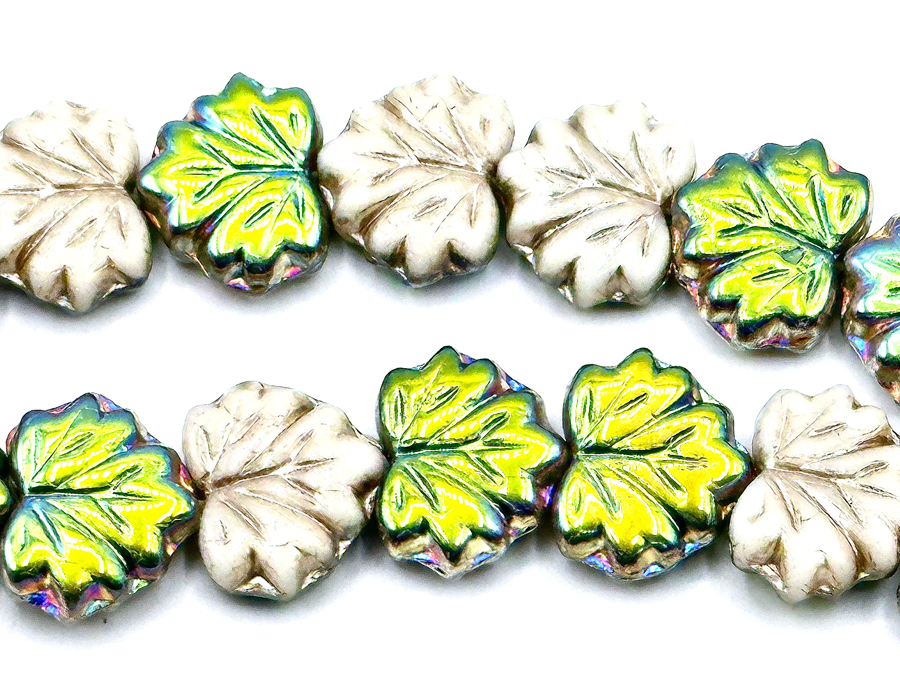Czech Maple Leaf beads~ Off White half AB Metalic