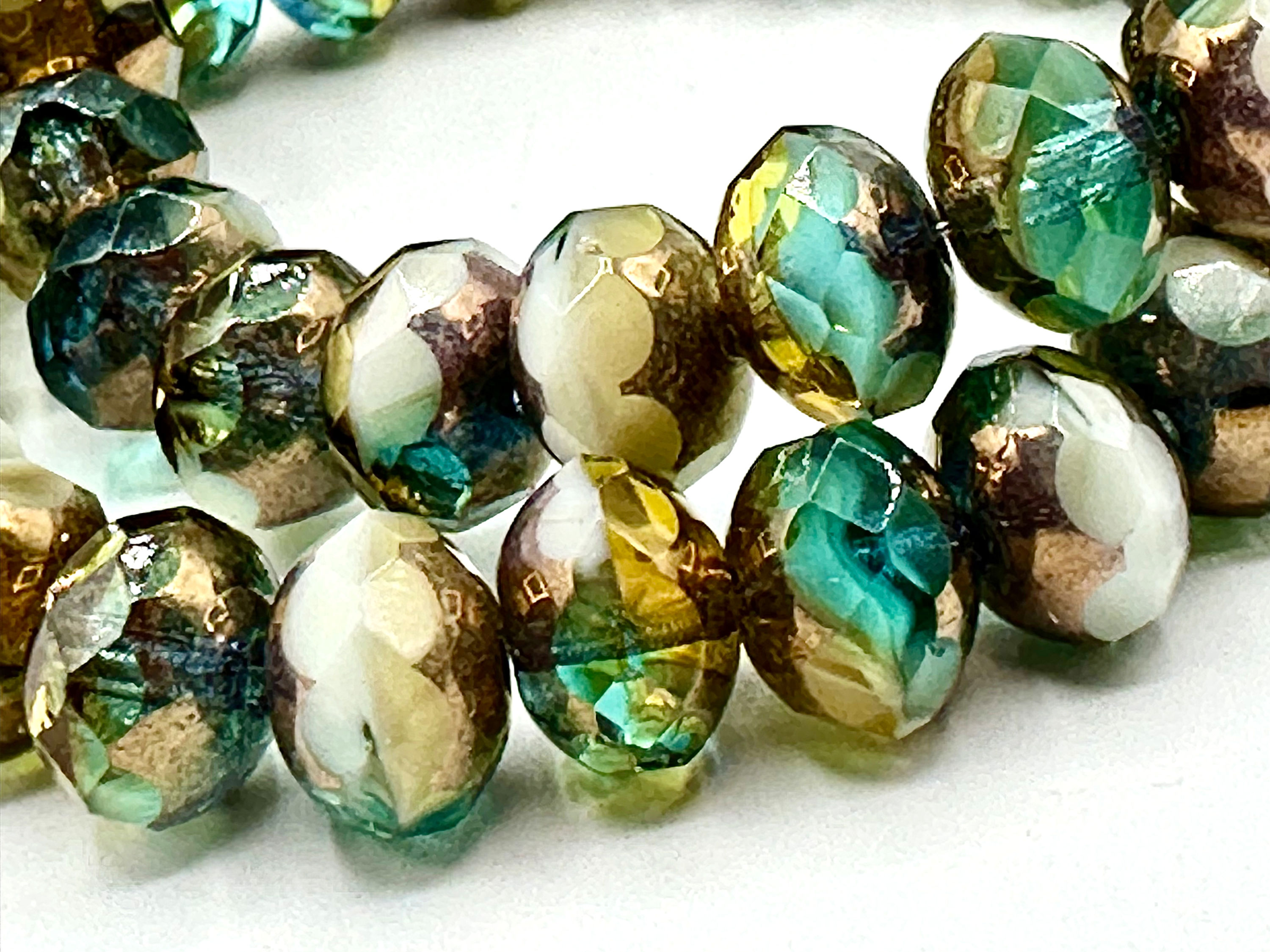 Czech 8x6mm Rondelle~ Bronzed White and Teal