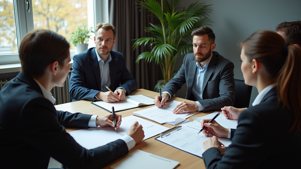 High angle view of business meeting discussing payroll options