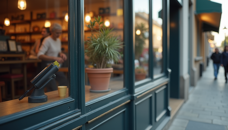 Eye-level view of a small business storefront with a payment terminal outside