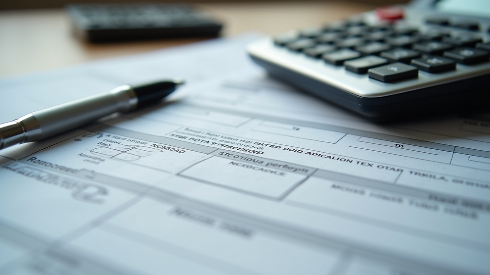 Close-up view of tax documents and a calculator on a desk