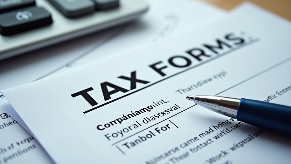 High angle view of tax forms and documents for filing