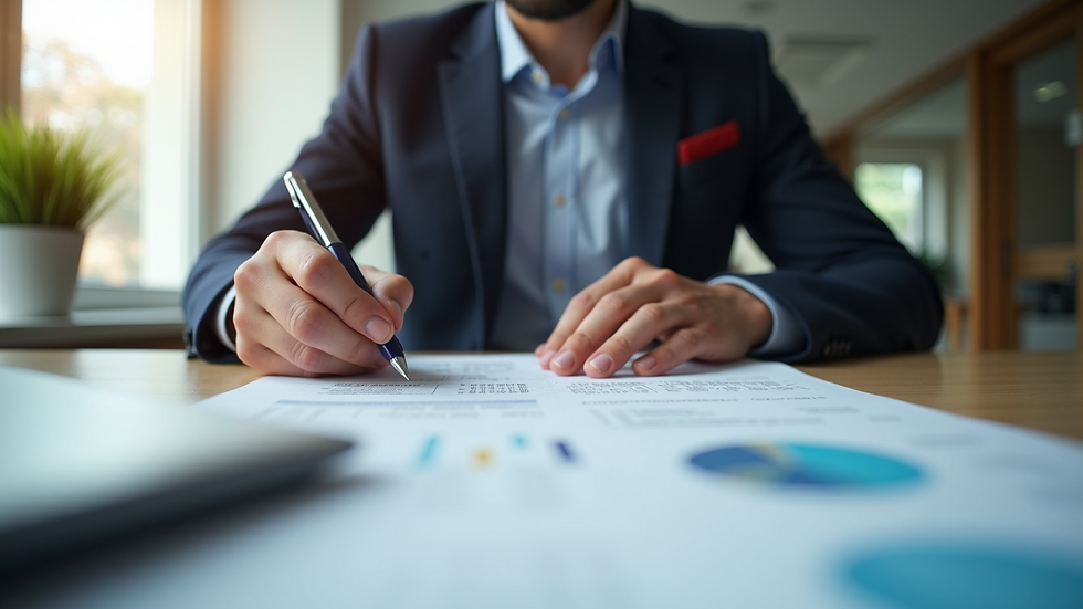 Eye-level view of a tax professional reviewing documents at a desk
