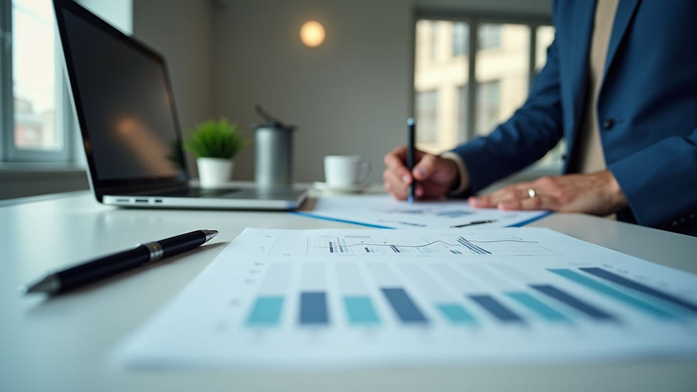 Eye-level view of a modern office desk with financial paperwork