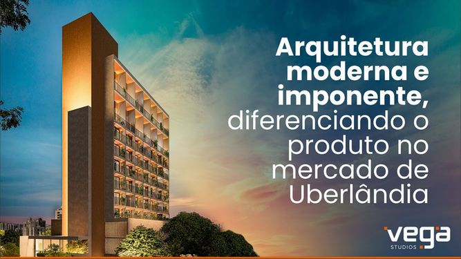 Fachada Isométrica 3D - Vega Studios - Arquitetura moderna e imponente - Lançamento imobiliário