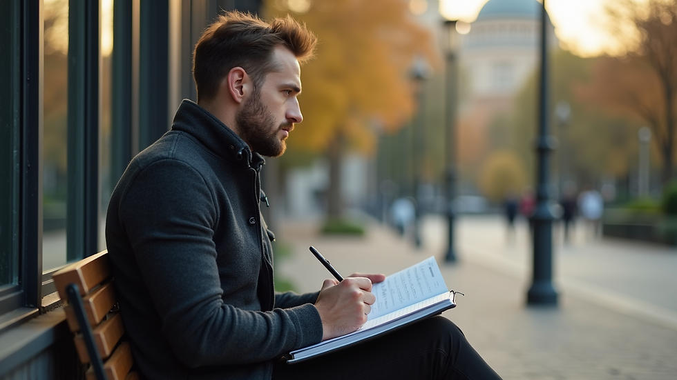 Close-up view of a man sitting outdoors with a notebook, reflecting