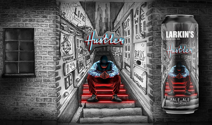 Hustler beer can illutration for Larkins Brewing co. Irish beer brand. Original illutration or beer design created by Bridey Halliday Sagar.