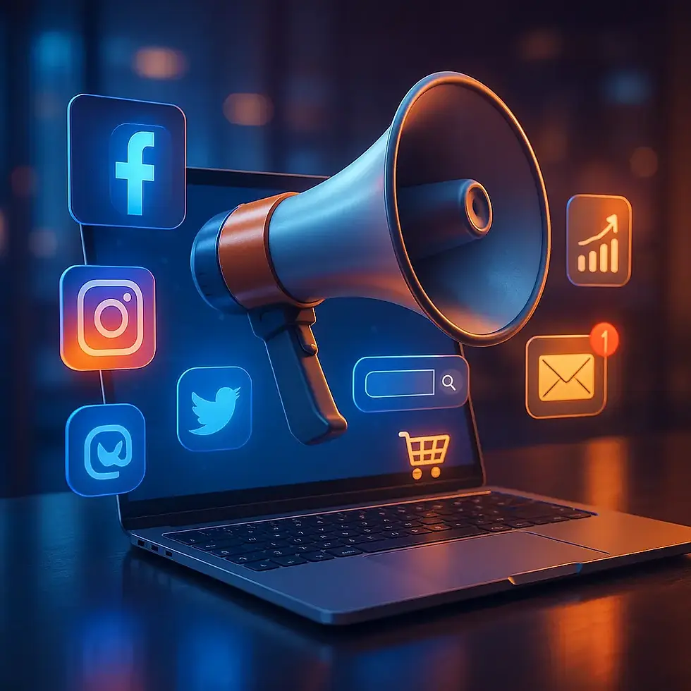Laptop with a megaphone and floating social media icons including Facebook, Instagram, Twitter, and email, representing digital marketing and social media advertising.