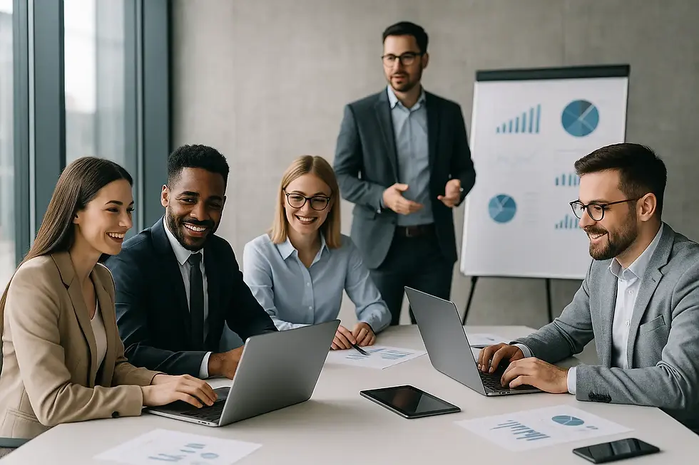 Diverse business team collaborating during a meeting with laptops and charts in a modern office.