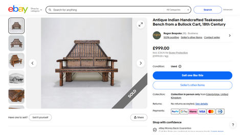 Screenshot showing Regen Bespoke’s antique handcrafted teakwood bullock cart bench listed and sold on eBay UK, priced at £999.