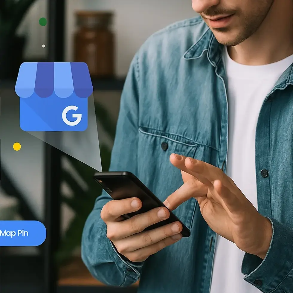 Person using a smartphone with a floating Google Business Profile icon, representing local SEO and Google business listing management.