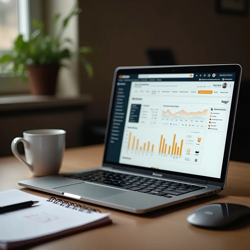 Open laptop on a desk displaying a amazon analytics dashboard with graphs and charts, alongside a notebook, coffee cup, and mouse.