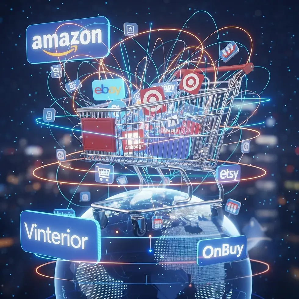 Shopping cart surrounded by logos of global e-commerce platforms such as Amazon, Etsy, eBay and Vinterior, symbolizing online marketplace connectivity worldwide.