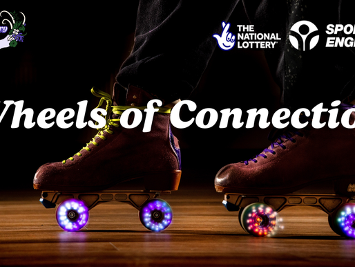 A photograph of rainbow wheels and the words 'Wheels of Connection' . Also the National Lottery and Sport England logos