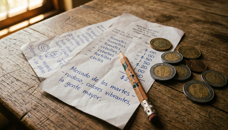 Primer plano de recibos de mercado con anotaciones hechas a mano