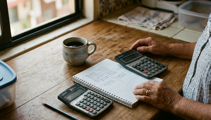 Vista en ángulo amplio de una libreta abierta junto a una calculadora en una mesa de cocina