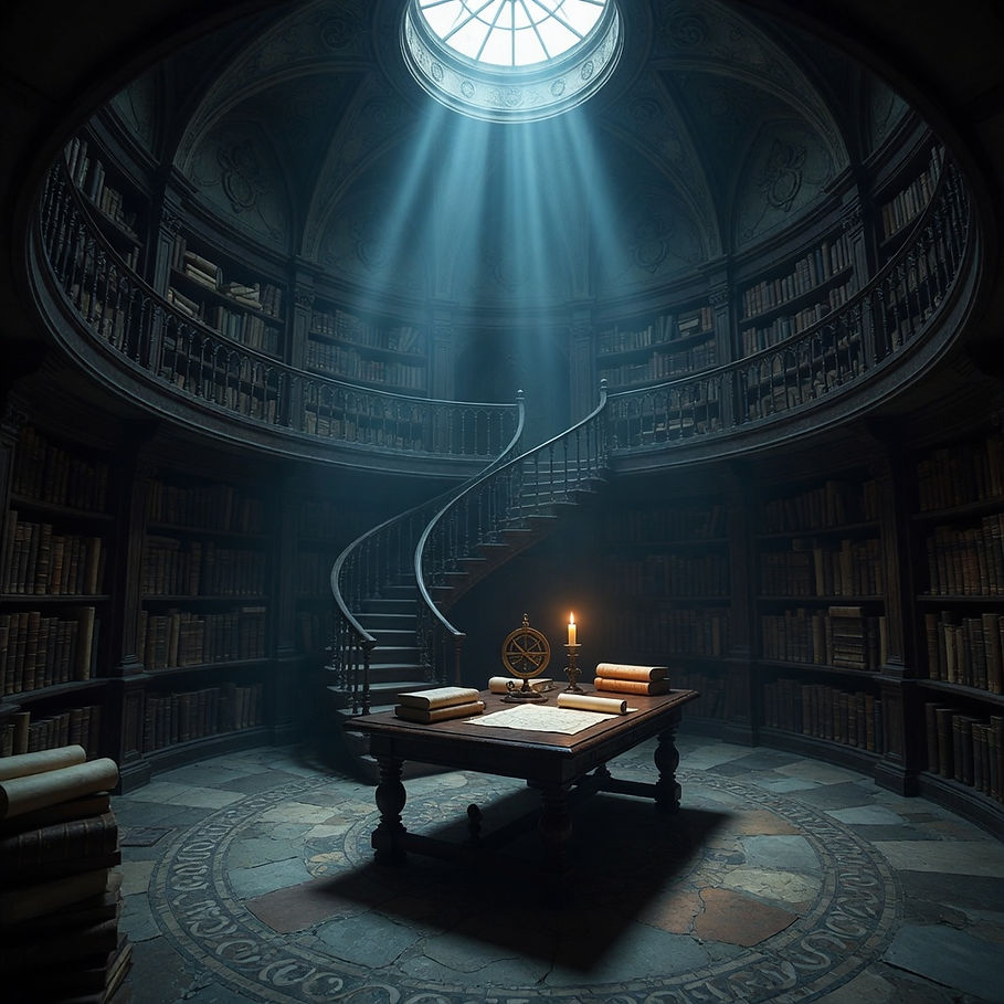 Circular library with skylight, spiral stairs, and candlelit table