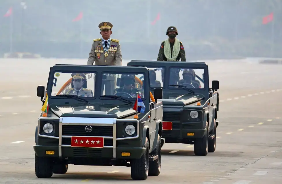 Myanmar’s junta leader, Min Aung Hlaing, at a military parade in the capital Naypyidaw in March 2021 – one month after orchestrating the coup that toppled Aung San Suu Kyi’s democratic government. © Reuters