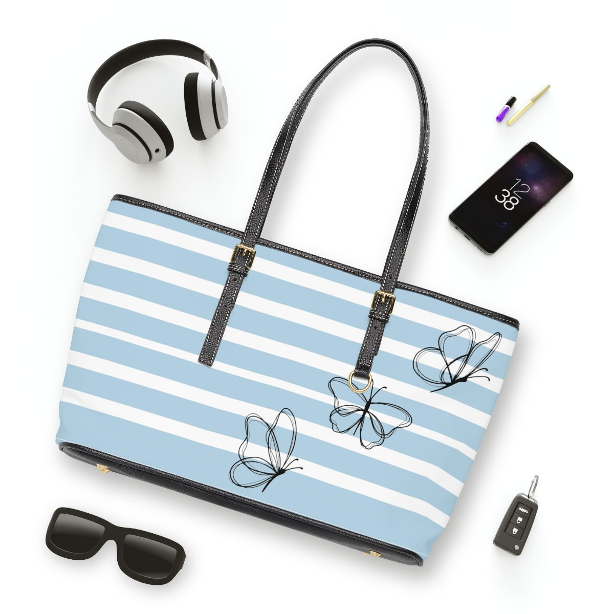 Blue Striped Butterfly PU Leather Shoulder Bag