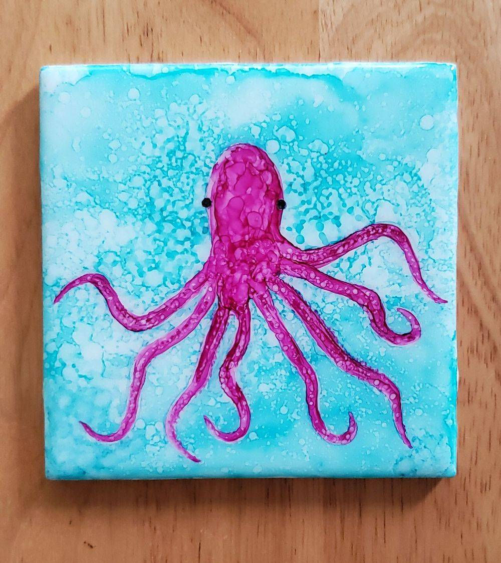 Tile~Octopus, hand painted 4x4
