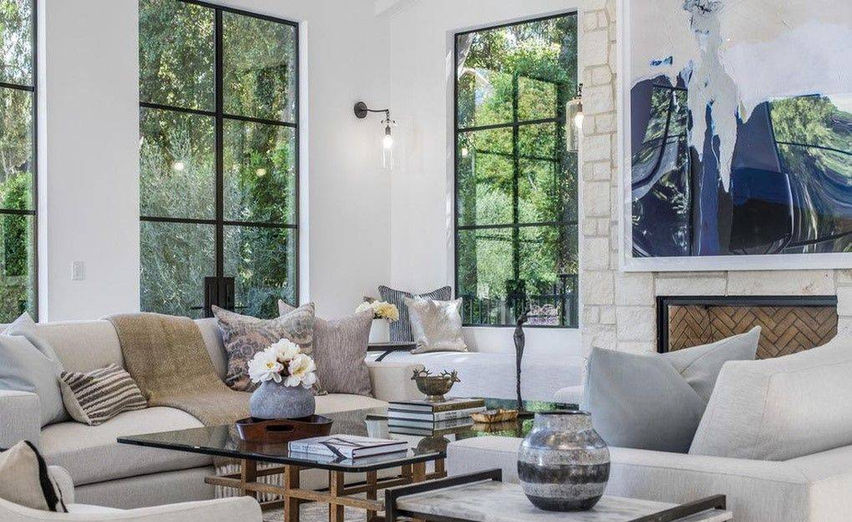 Living room with stone fireplace, West Los Angeles Private Residence