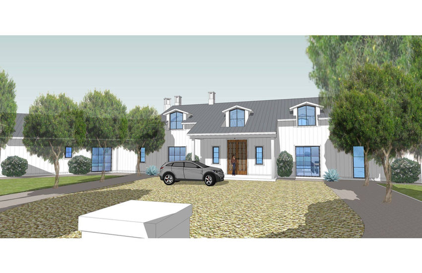Rendering of ranch home front entrance with dormer windows, Santa Ynez Ranch Home